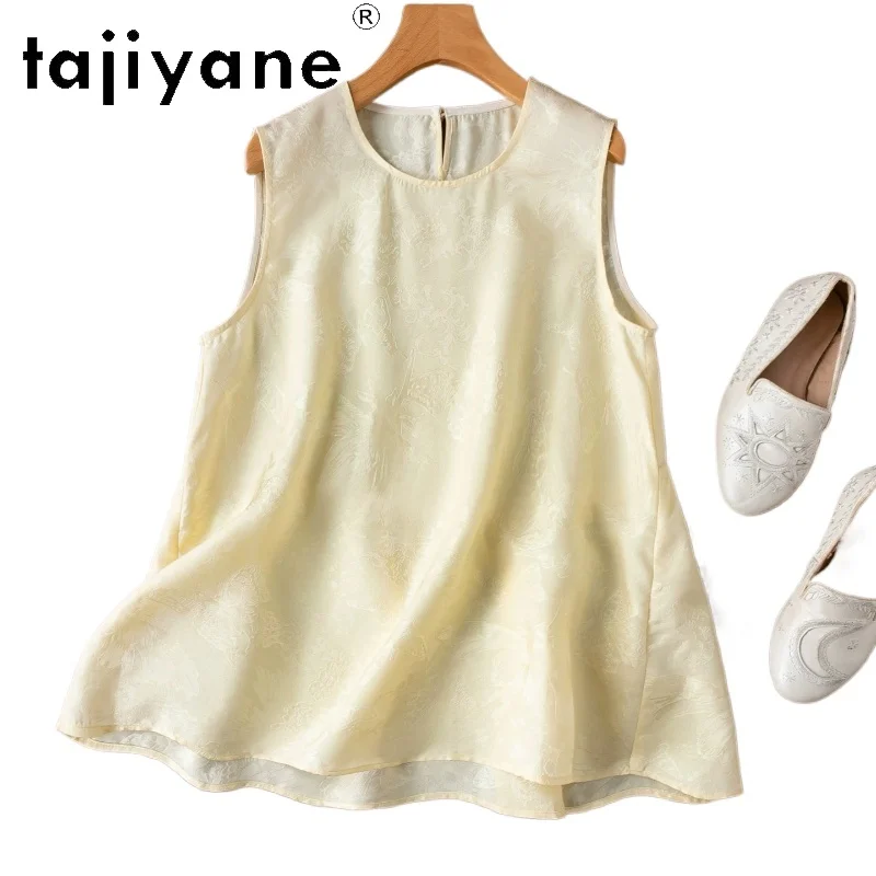 

TAJIYANE 100% Real Mulberry Silk Women's Tanks Light Yellow Butterfly Jacquard Vest Sleeveless Summer Tops Woman Clothes 2026 나시