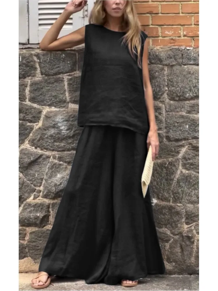 

Casual Loose Simple Solid Color Cotton Linen Sleeveless Wide-leg Trousers Two-piece Set Women's Commuting Style Trousers Set