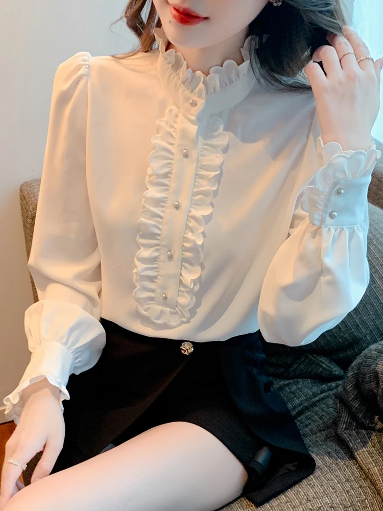 Chic Ruffles Collar Long Sleeve White Shirts Women Puff Sleeve Loose Casual Tops Office Ladies Blouse Spring Autumn Tops Shirts