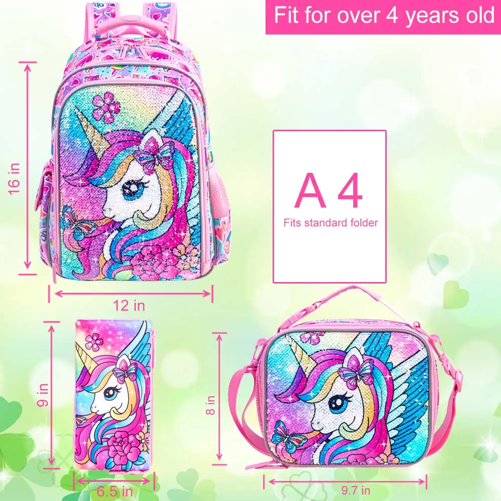 3PCS Unicorn Backpack for Girls, 16\