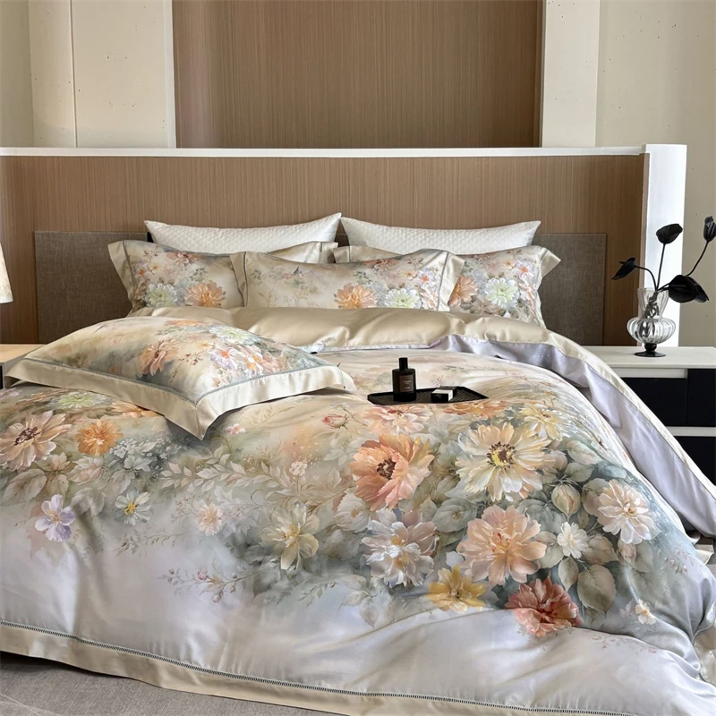 600TC Lyocell Cotton Flowers Print Bedding Set Double Queen King Size Duvet Cover Quilted Bedspread Bed Sheet Pillowcases 4Pcs