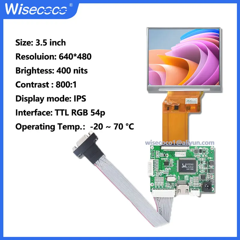 

Wisecoco 3.5 Inch 640x480 High Resolution TFT IPS LCD Display Smart Handheld Device Screen TTL RGB 54pin Interface 400nits