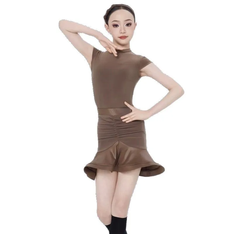 بدلة رقص لاتينية مخصصة للفتيات بأكمام قصيرة ملابس ممارسة راقية مجموعة تنورة على شكل هيكل السمكة زي الأداء