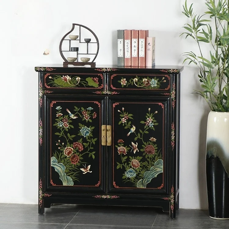 

✿a Antique Chinese Style Solid Wood Storage Cabinet Hand Painted Floral Shoe Cabinet for Entryway Dining Living Room Hallway
