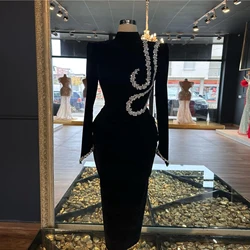 Top Quality Black Velvet Midi Evening Dresses with Silver Crystals High Neck Tea Length Arabic Formal Occasion Dress Prom Gowns