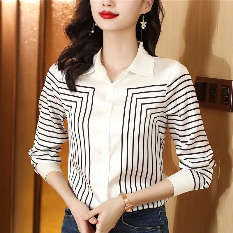 

Striped Silk White Shirt Women Long Sleeve Spring New Fashion Professional