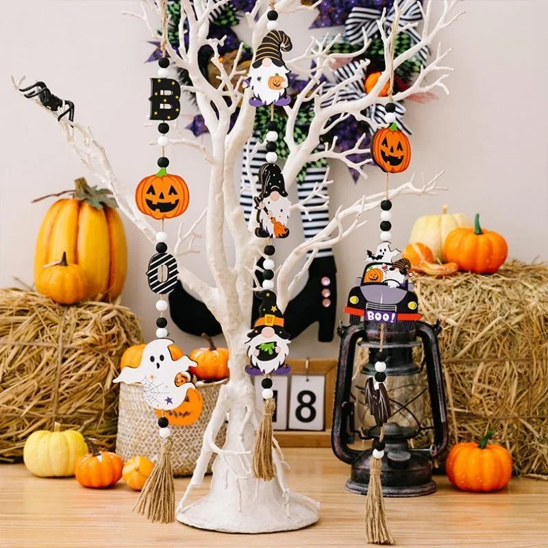 Neue Halloween Dekoration Prop Holz Perlen Anhänger Gnome Kürbis Fledermaus Geist Hängende Ornamente für Wand Home Party Supplies