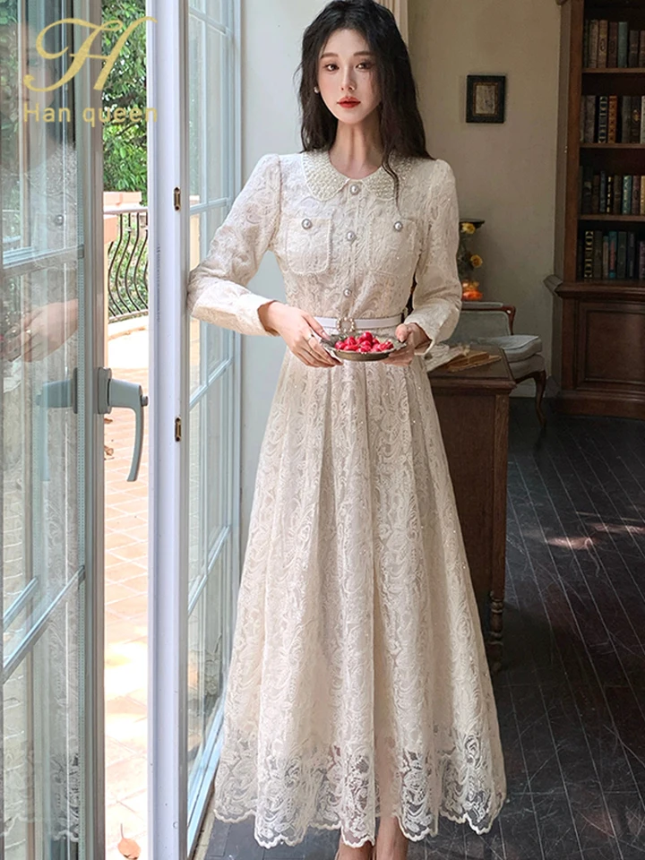 H Han Queen Woman Clothes Autumn Elegant Lace Dress Korean Chic A