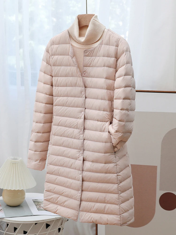 Casacos de pato para mulheres, casaco ultraleve, o-pescoço, manga comprida, casaco puffer, outwear à prova de vento, outono e inverno, novo, 0-10 ℃,