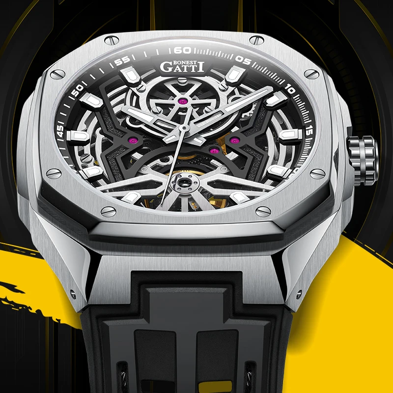 

BONEST GATTI Men Automatic Watch Mechanical Wristwatch Rubber Strap Stainless Steel Watches For Men