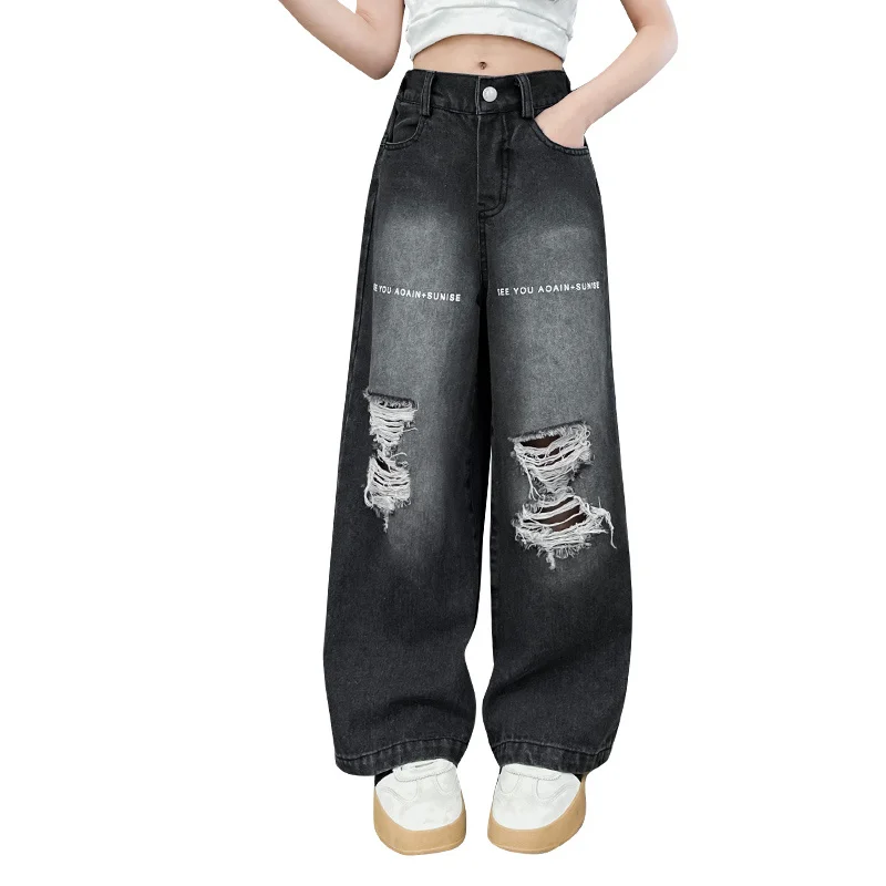 

Children Girls Fashion Straight Fit Ripped Jeans With Hole Kids Destroyed Denim Trousers FOr Teens High Street Style Jeans Wear