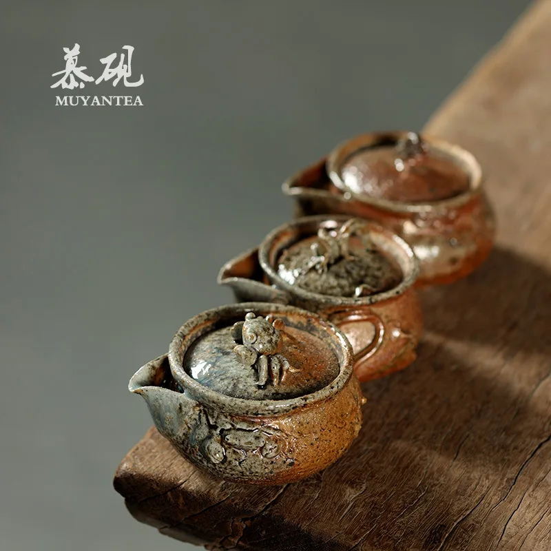 Mu Yan Japanese-Style Wood-Fired Bizen Teapot, Handmade Natural Ash Glaze, Creative Hand-Held Teapot With Rock Clay Lid