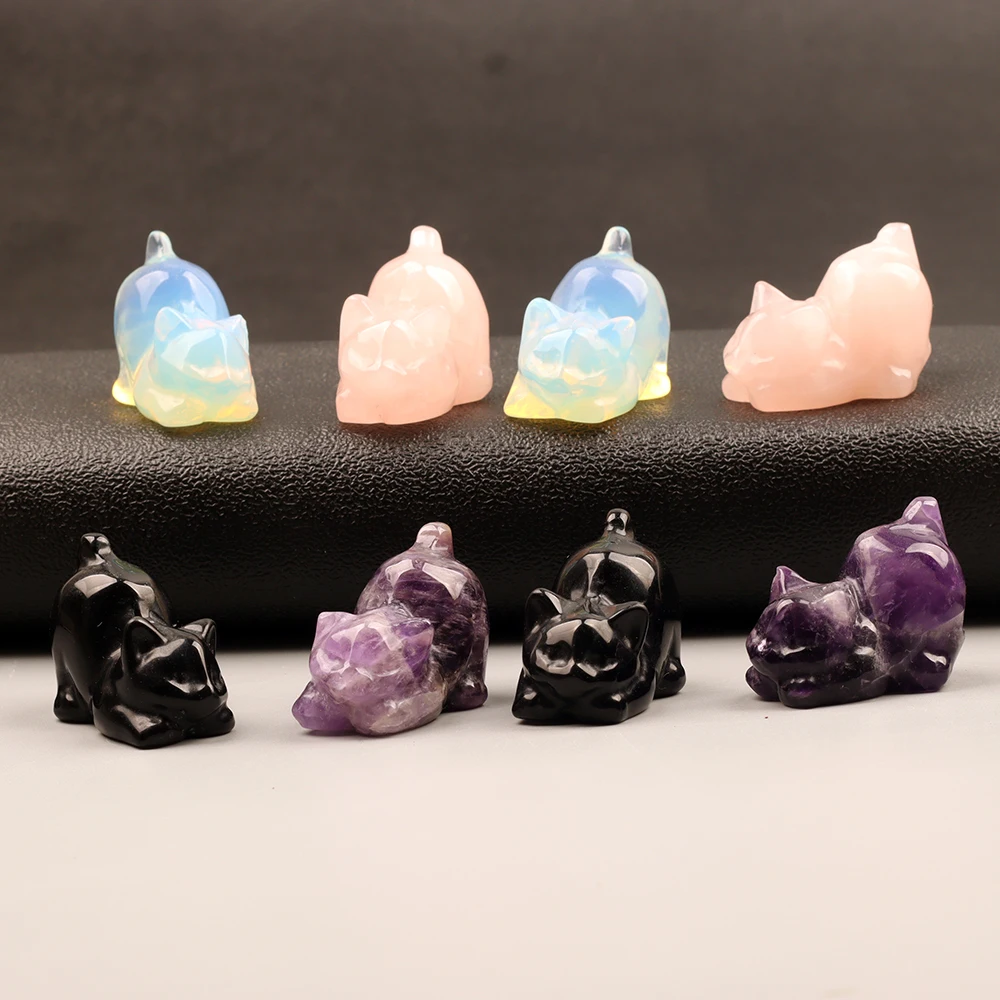 Crystal Energy Stones Carved Rose Quartz Cute Cat Figurine, Natural Stone Cartoon Toy, Jade Mini Craft, Obsidian Chakra Decor