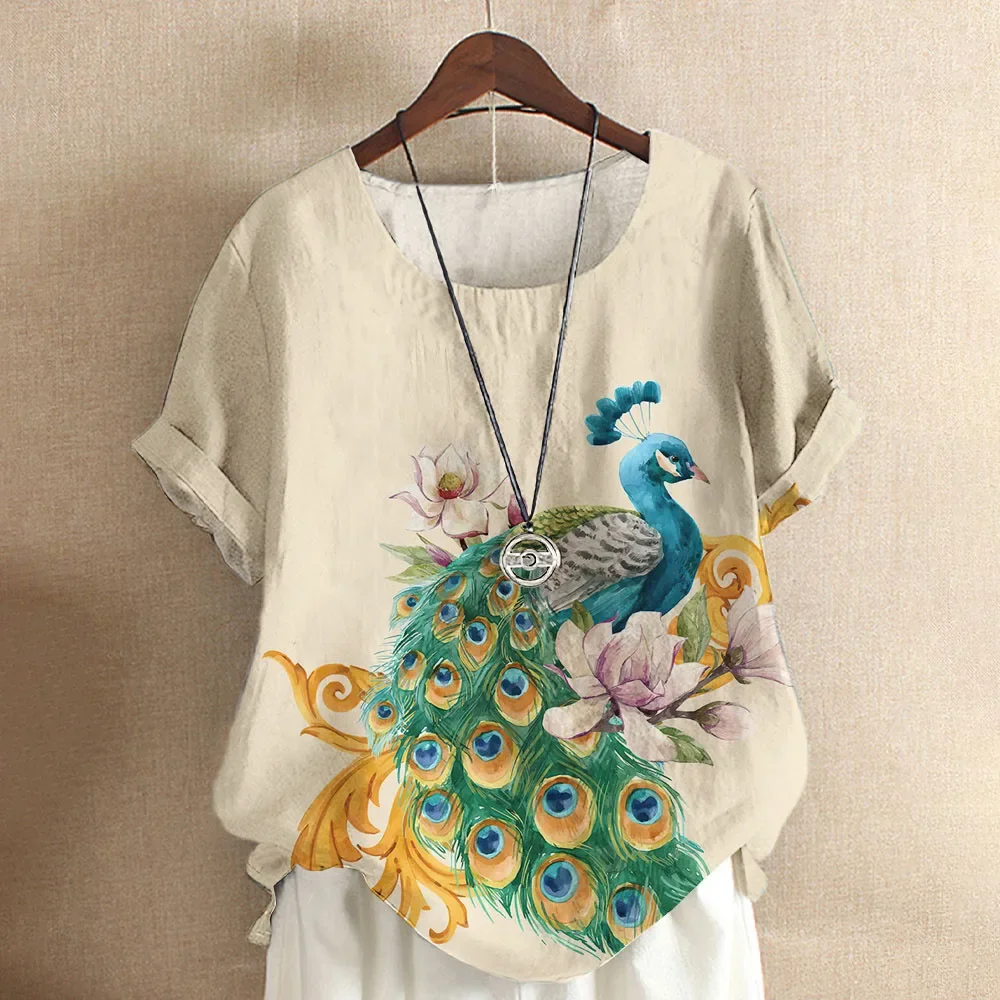 Summer fashion 3D peacock print round neck short-sleeved T-shirt Y2K casual loose women's new T-shirt white shirt plus size top image 6