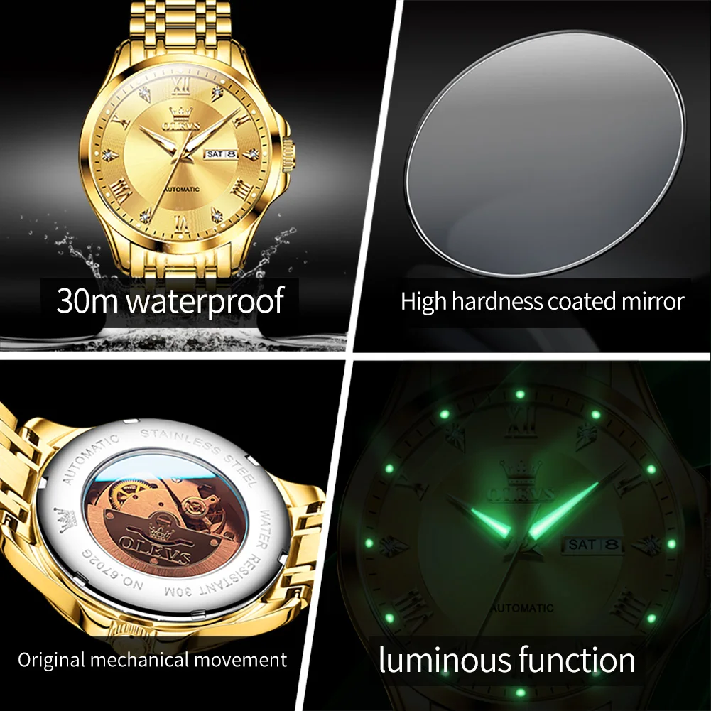 OLEVS 6702 ساعة رجالي أصلية ميكانيكية أوتوماتيكية مقاوم للماء مضيئة Reloj المزدوج التقويم عرض الساعات الفاخرة الرجال