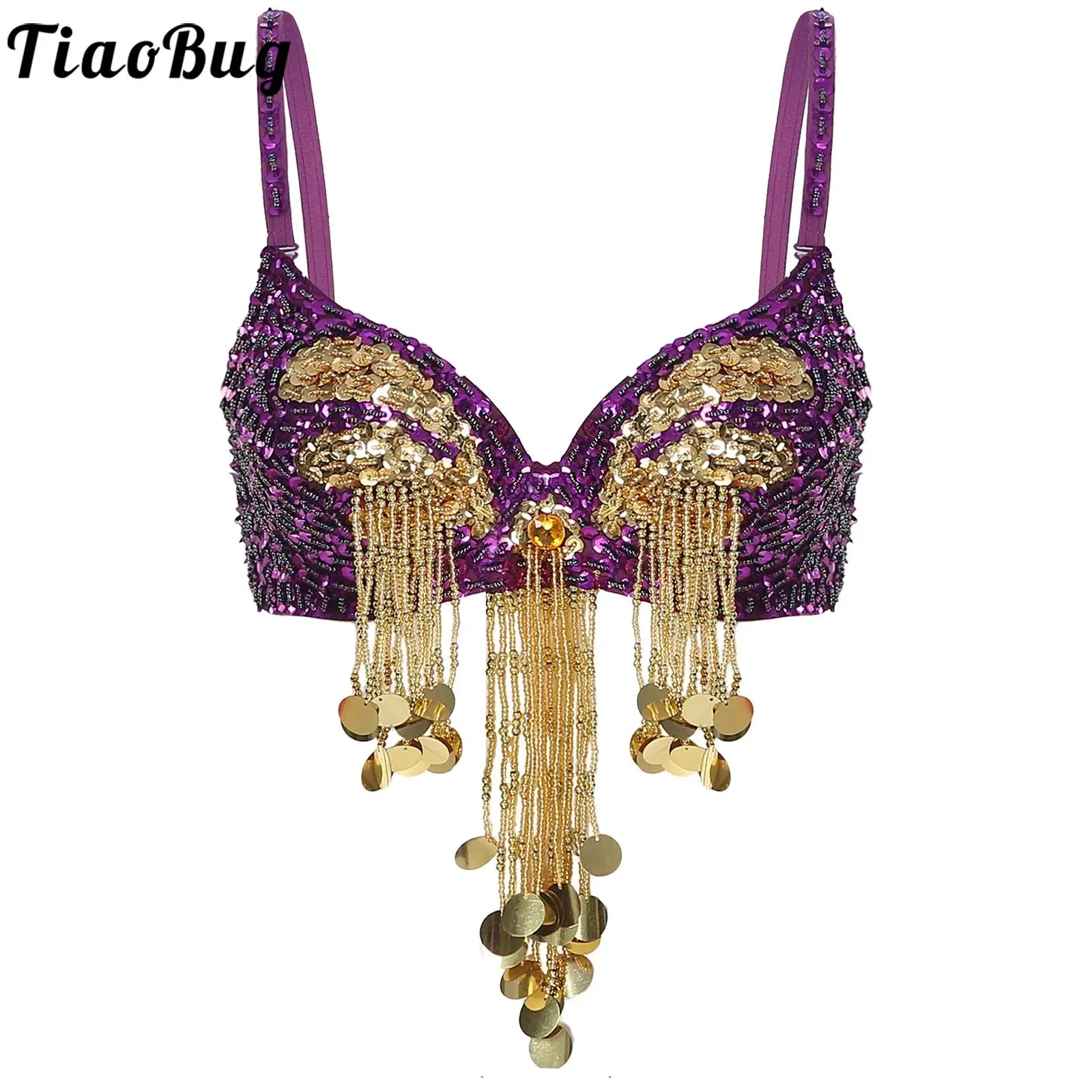 

Women Sexy Tassels Belly Dance Bra Tops Party Rave Club Stage Performance Costume Shiny Sequins Underwired Bra Bellydance Wear