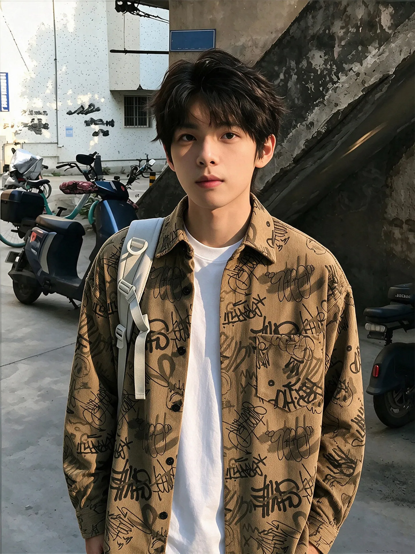 Corduroy Graffiti Shirt Men's Early Autumn American Retro Jacket Vintage Long Sleeve Shirt Coffee Color Loose Fit Youth Style