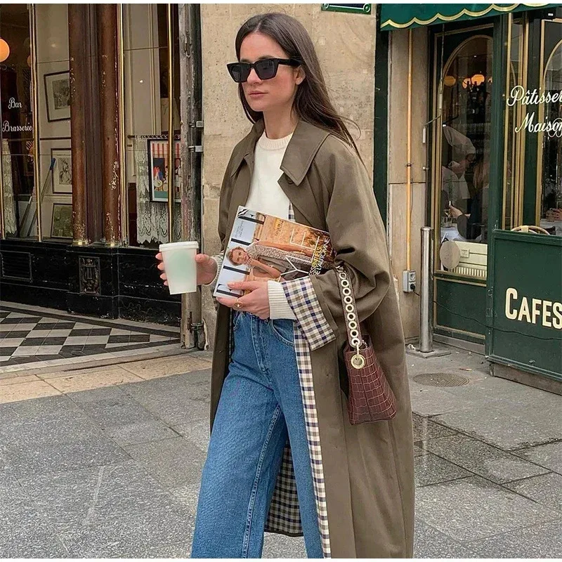 Refined Retro Lapel Single Breasted Trench Coat Long Sleeve Side Pockets Loose Fit Solid Utility Commute Warm Autumn Winter Coat