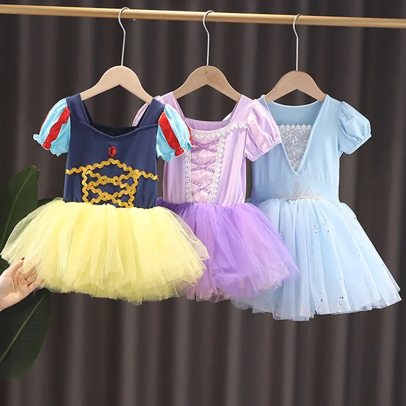 Summer Kids Girl  Dress Short Puff Sleeves Ballet Dance Costume Princess Elsa Snow White Sophia Mesh TUTU Skirt K708090