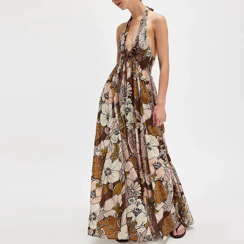 เดรสวินเทจลายดอกไม้แบบผูกคอ ชุดราตรีเซ็กซี่เปิดไหล่ เอวสูง จับจีบ ชุดเดรสเปิดหลังทรงสวิงสุดอินเทรนด์ ชุดเดรสไปทะเลสำหรับผู้หญิง