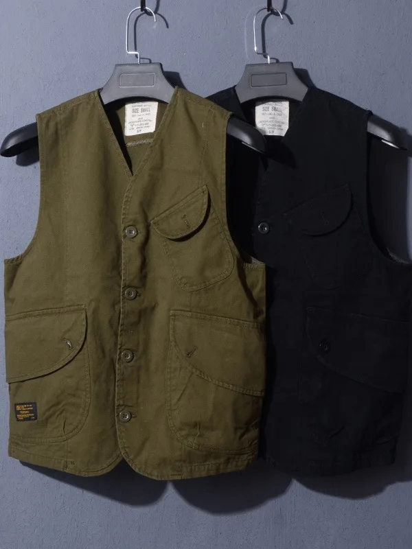 

American Sle Canvas Vest Men's Summer New Retro Japanese Multi-ket Workwear V-Ne Vest Loose Fit Youth Trend Cotton