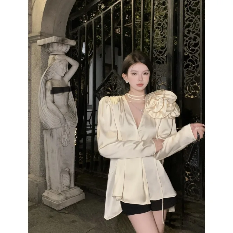 봄과 가을 여성용 패셔너블한 긴팔 셔츠, 프랑스풍의 시크하고 다재다능한 우아한 탑