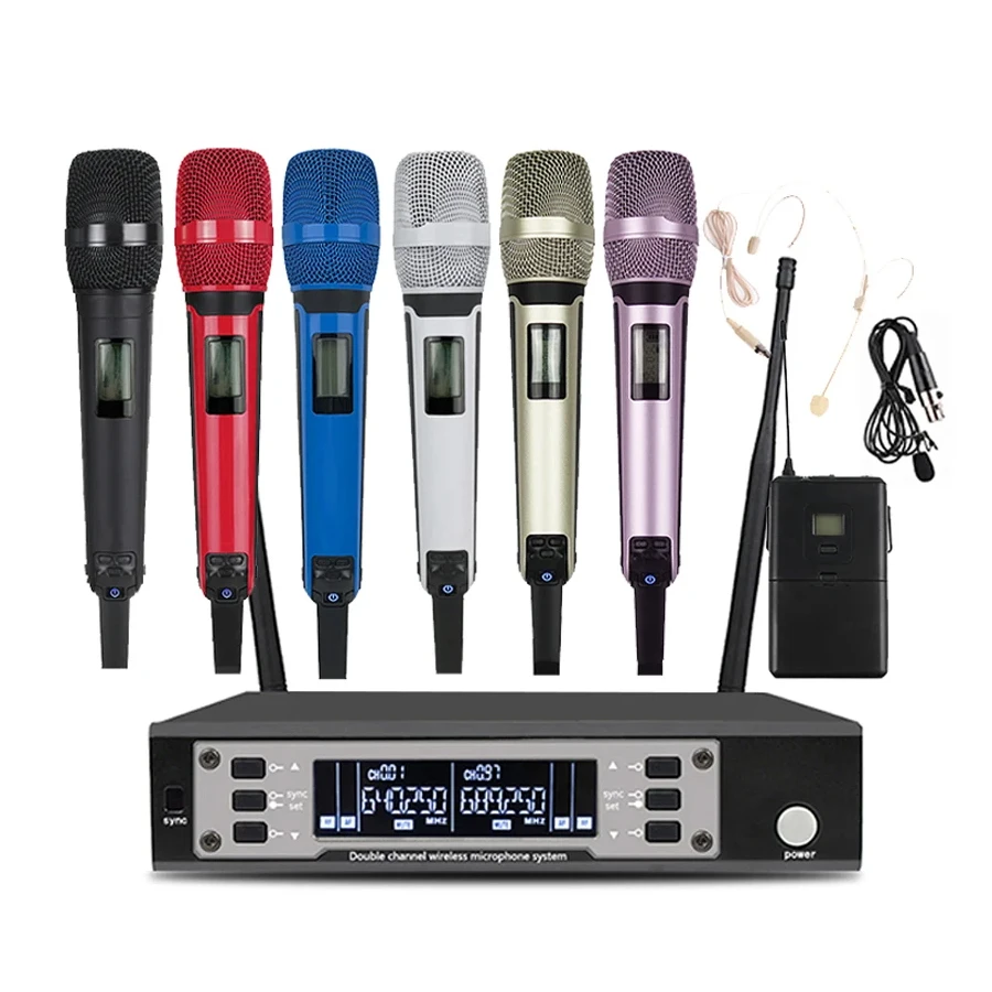 Microfone sem fio profissional de canal duplo UHF com tecnologia true diversity para performance em palco e karaokê.