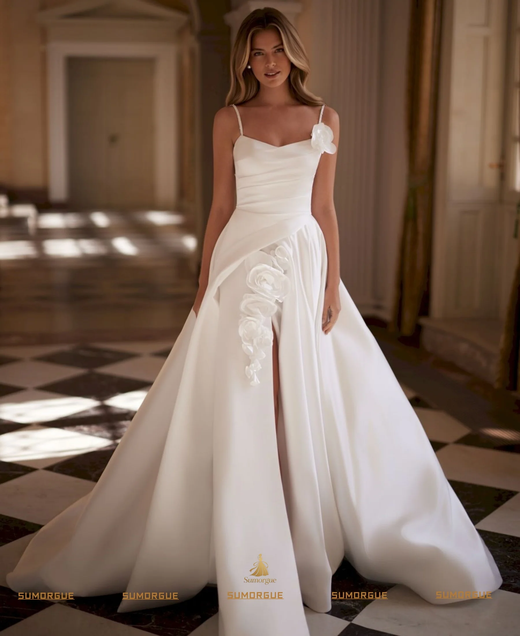 Elegant Simple Backless Satin A Line Wedding Dress 3D Flower Spaghetti Strap High Slit Bridal Gowns High-end quality Customized