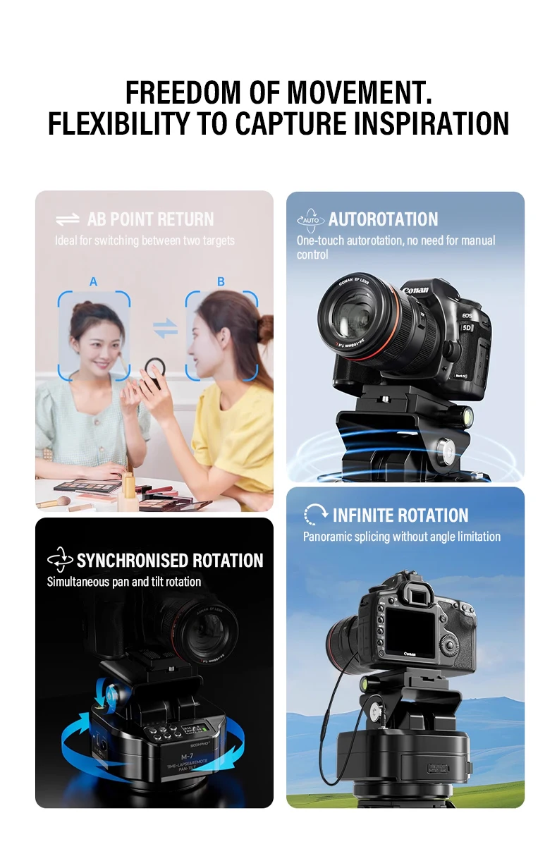 كاميرا SOONPHO M7 حامل ثلاثي القوائم أوتوماتيكي للتصوير الفوتوغرافي بفاصل زمني 360 °   رأس بانورامي بمحرك قابل للدوران مع لاسلكي