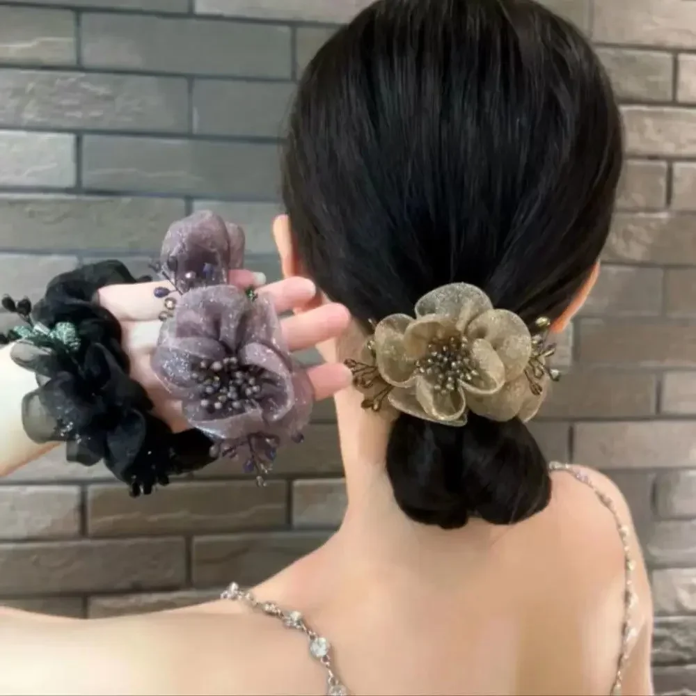 

New Hair Ties Camellia Silk Yarn Hair Ring Bun Back Head Scrunchie Cotton Резинки Для Волос Hair Accessories for Girls 머리끈