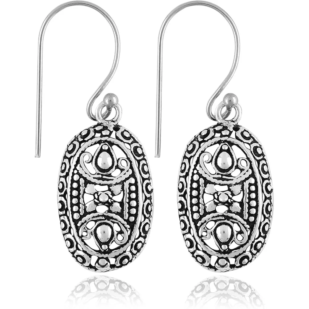 

Sterling Silver Vintage Filigree Dangle Earrings Handmade Boho Style with French Hook for Women