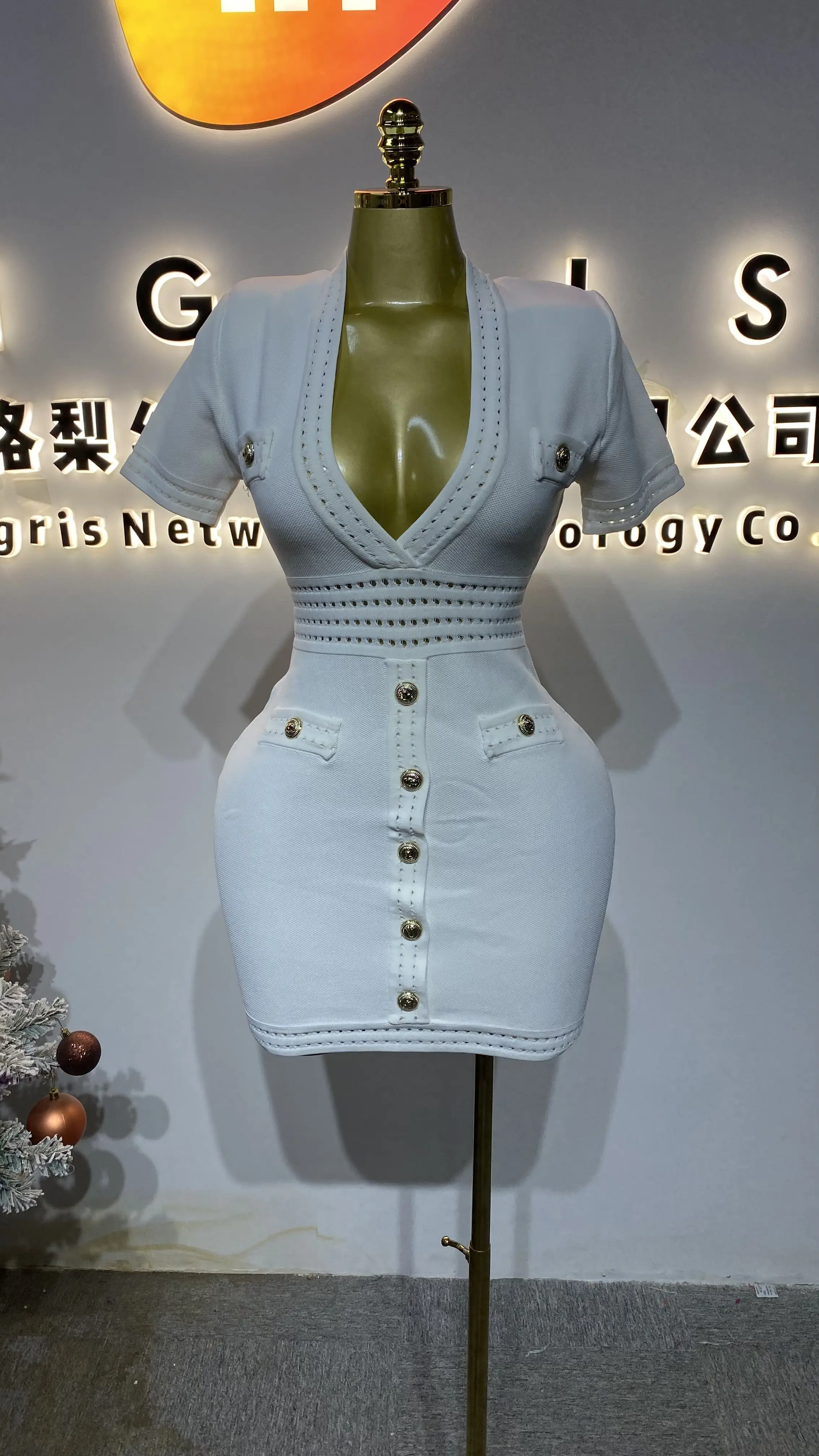 

Popular classic style women's deep V-neck stretch fabric casual quality short mini knit dress-GZXX240