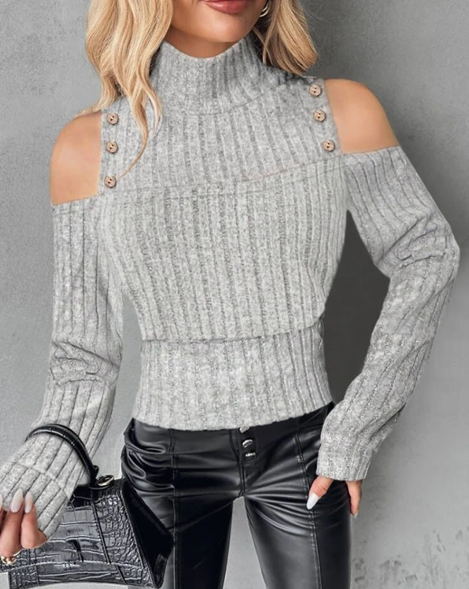 Casual Simple Women Tee 2023 Autumn Winter Long Sleeve Cold Shoulder Button Decoration Ribbed Temperament Commuting Skinny Top