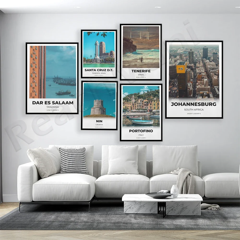 Portofino port, Tanzania Africa, Salam city skyline, Dalmatia, Croatia, Santa Cruz de Tenerife, Johannesburg city travel poster