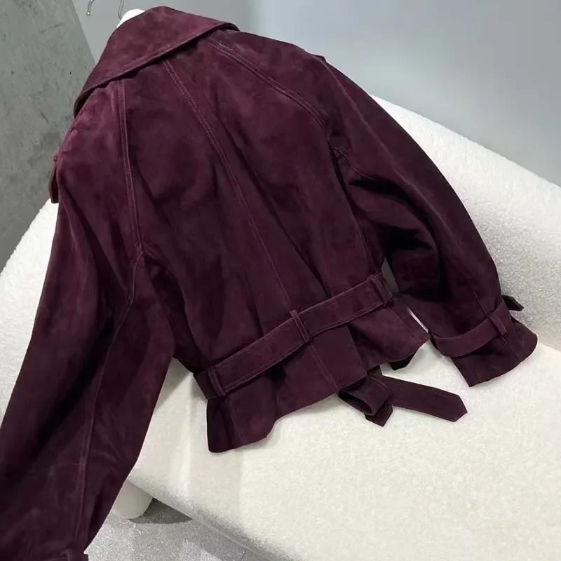 スエードレザージャケットターンダウン襟服女性コート春と秋の新着ショート女性服ベルト