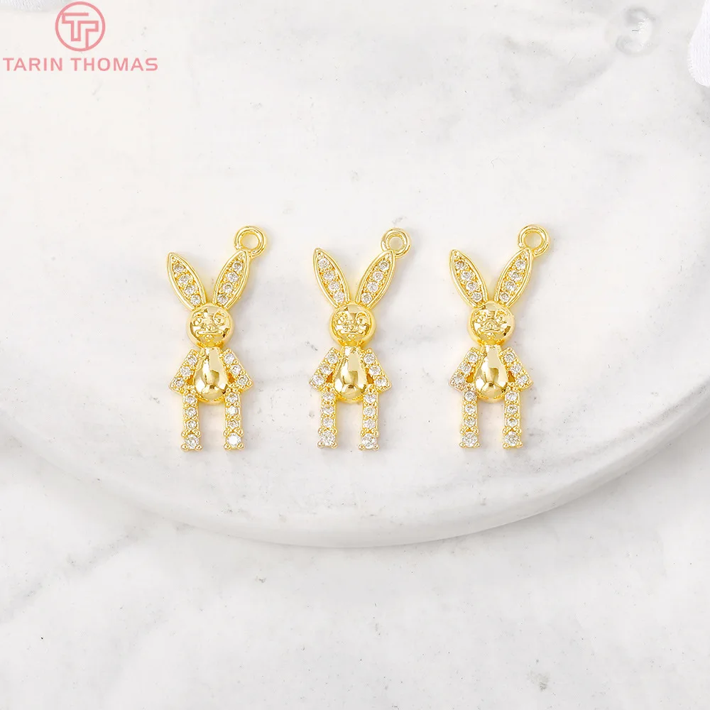 (1151)9x20MM Hole 1.5MM 24K Gold Color Brass with Zircon Rabbit Charm Pendants for DIY Jewelry Making Findings Accessories