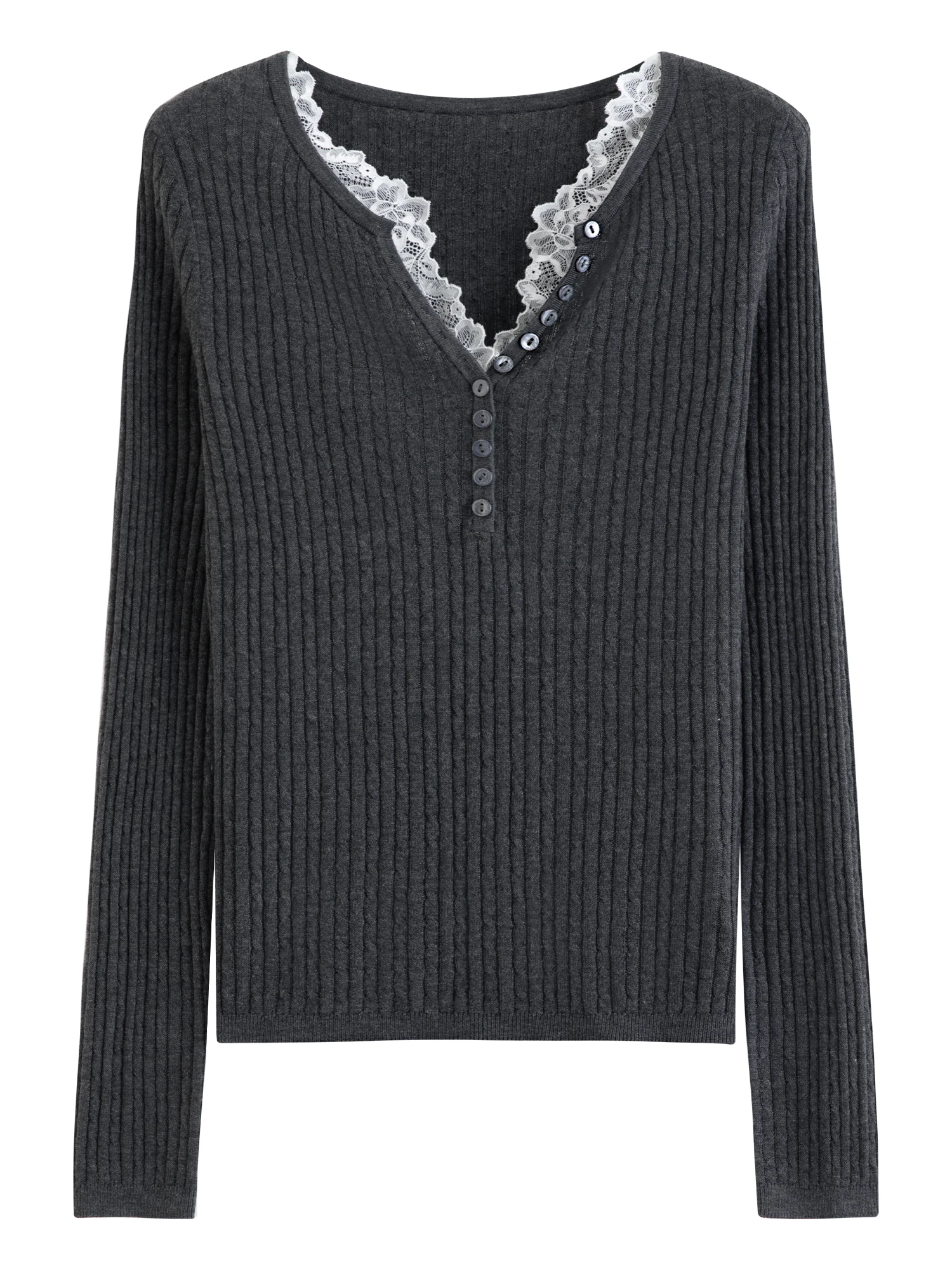 FSLE 2026 Fall Women's V-Neck Lace Trim Wool Blend Sweater Top, Long Sleeve Lightweight Knitted Top for Layered Romantic Style