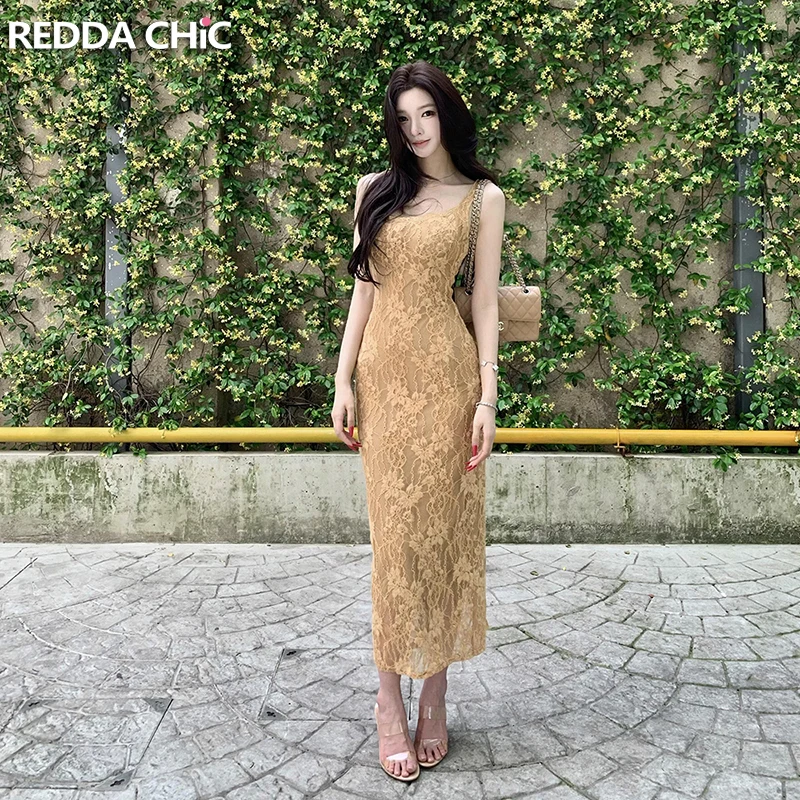 

ReddaChic Women Floral Lace Dress with Split Elegant Square Neck Sleeveless Slim Fit Long Tank Bodycon Dress Sexy Summer Clothes