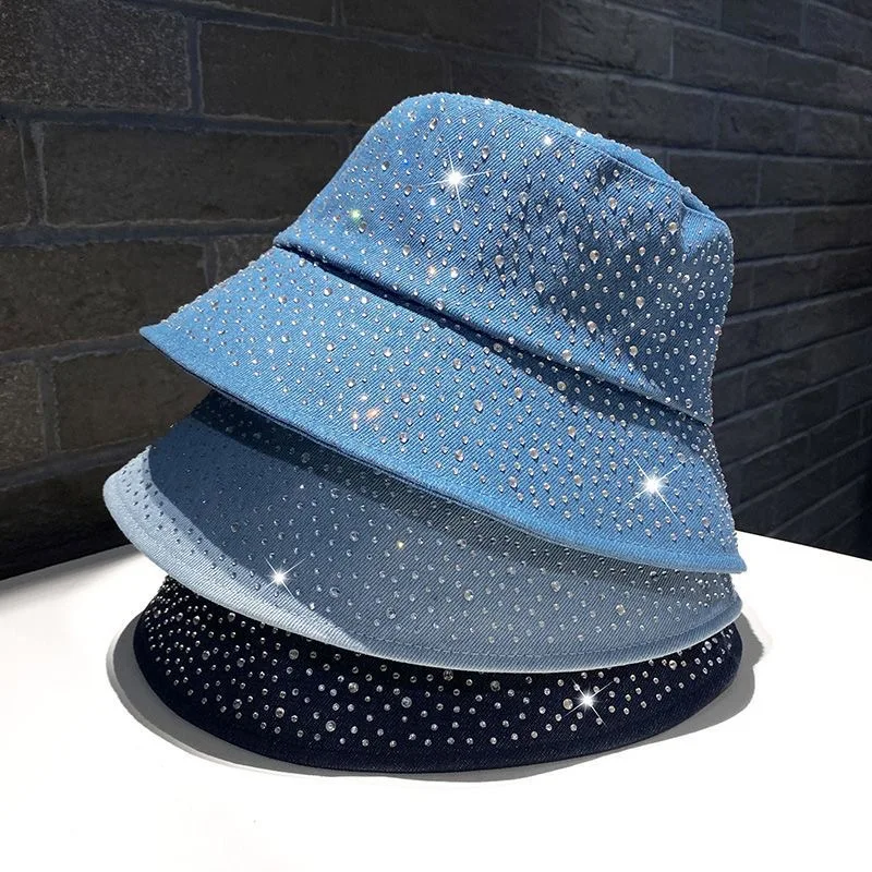 Women Designer Diamond Washed Denim Bucket Hat Ladies Bling Party Jean Rhinestones Fisherman Cap Sun Protection Panama Hats