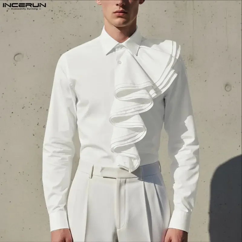 

INCERUN Men Shirt Solid Ruffle Lapel Long Sleeve Male Tops Streetwear Spring Shirts Fashion 2026 Elegant Men Clothing Camisas