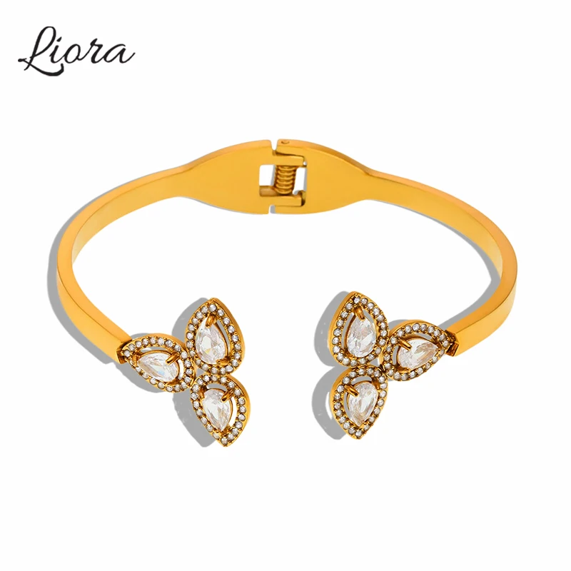 

Liora Beautiful Water Drop Cubic Zircon Cuff Bracelets For Women Stainless Steel 18K Gold Plated Women Wedding Bangle Jewelry