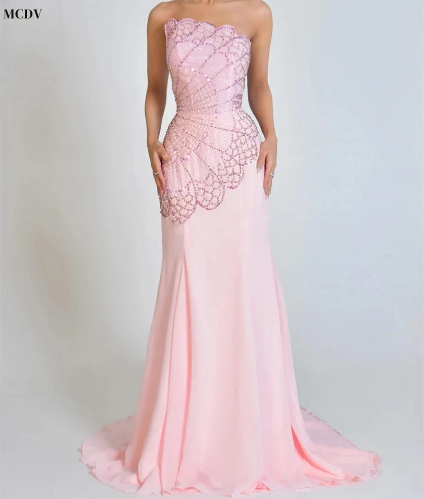 Vestido de noche personalizado de gasa exquisito, sirena, lentejuelas, cuentas, flores, delicado, sin tirantes, sin mangas, vestidos de celebridades