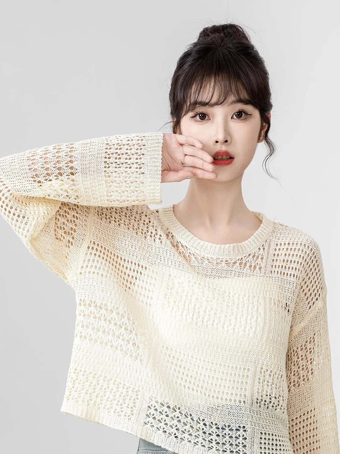 

Women's Hollow out Thin Ice Silk Knitted Long Sve Top Summer New Design Commute Sle Korean Version Regular Fit Knitwear