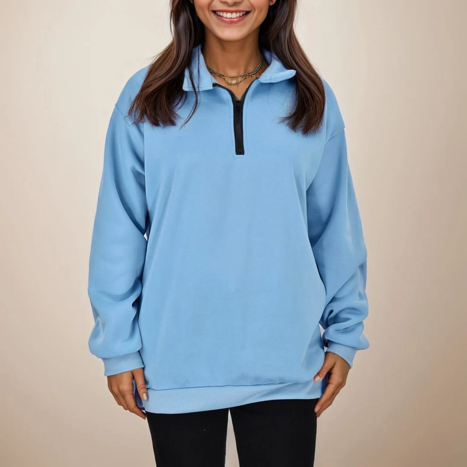 Womens Casual Long Sleeve Sweatshirt Solid Color Half Zip Drop Shoulder Quarter 1/4 Zipper Pullover Oversized Tunic Top