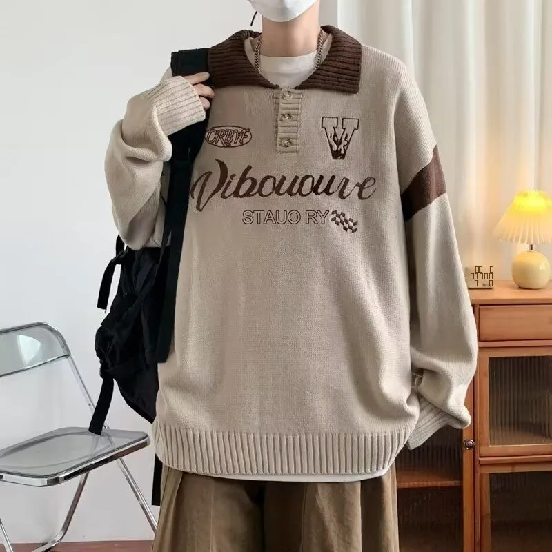 

American Retro Casual V-ne Knitted Sweater Men Pure Color Outerwear Long Sve Loose Fit Youthful Sle Polyester Fiber