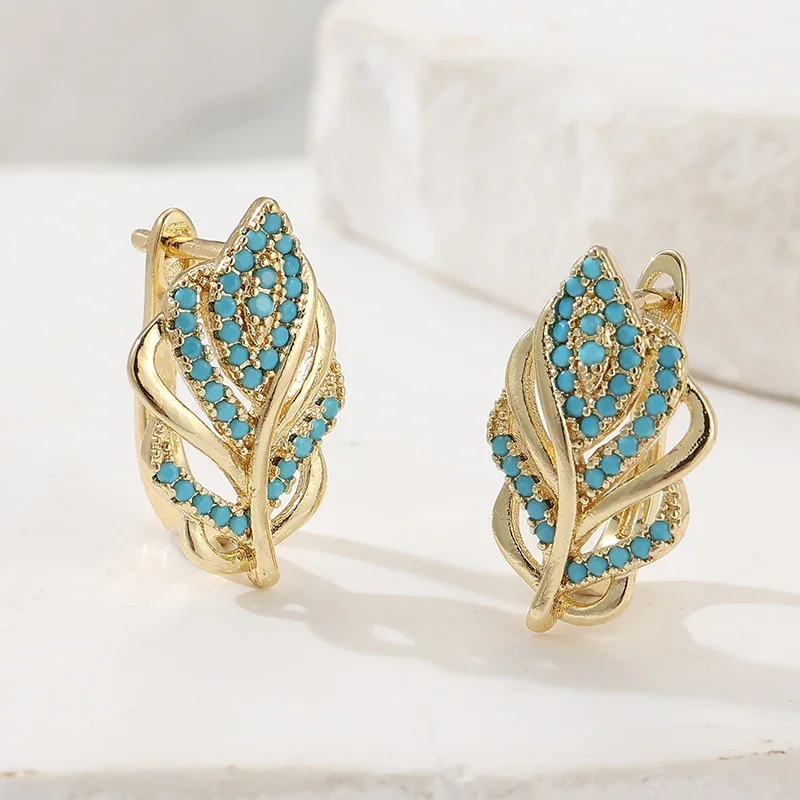 Creative Leaf Shaped Hoop Earrings Gold Plated Turquoise Brilliant Earrings Women's Temperament Elegant Bridal Wedding Jewelry