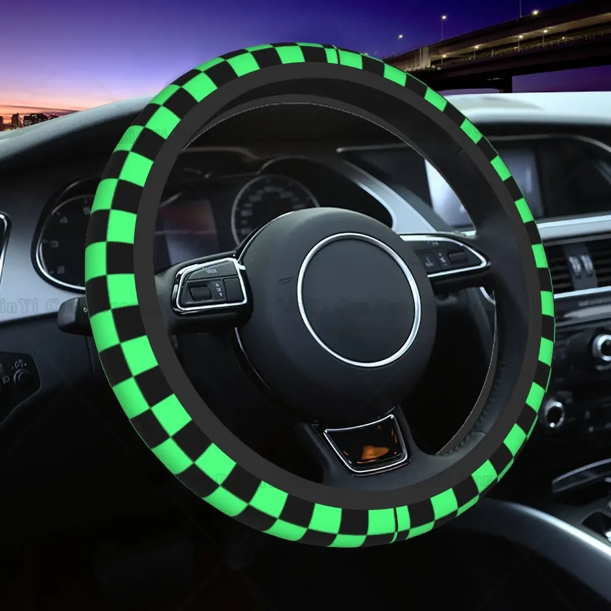 Fashion Black And Green Checkerboard Pattern Steering Wheel Cover Tartan Steering Wheel Protector Universal Fit Car Accessories