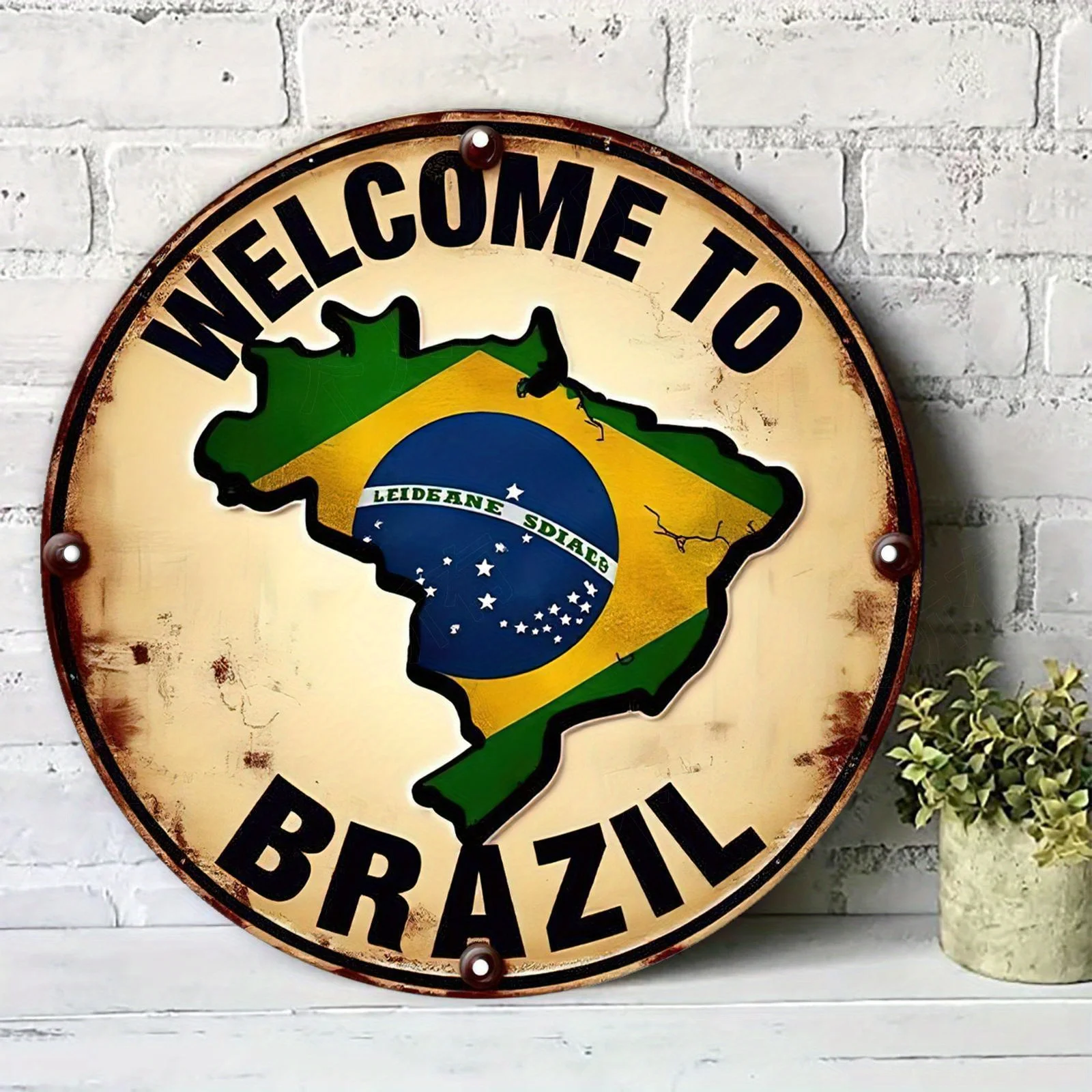 Letrero Metálico Redondo Plano 2D Estilo Vintage con la Frase "Bienvenido a Brasil", Diseño Colorido de la Bandera Brasileña, Ideal para el Hogar, Bares y Cafeterías