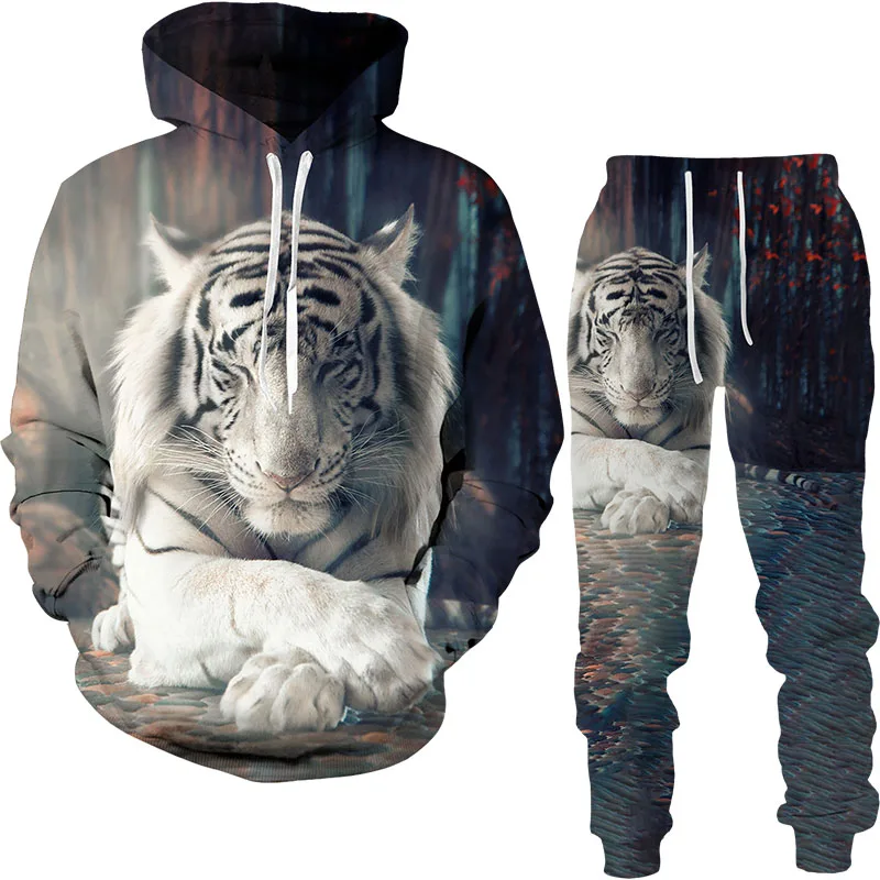 Men Sets Animal Tiger Pattern 3D Printed Tracksuit Sets Casual Hoodie Pants 2pcs Sets Oversized Sweatshirt Fashion Men Clothing