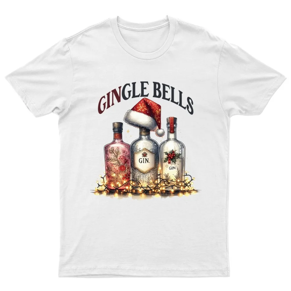 

Gingle Bells Gin Christmas T-Shirt Unisex Gift Retro Seasonal Funny Xmas Santa Funny Print Round Neck Tshirt Cute Graphic Tees